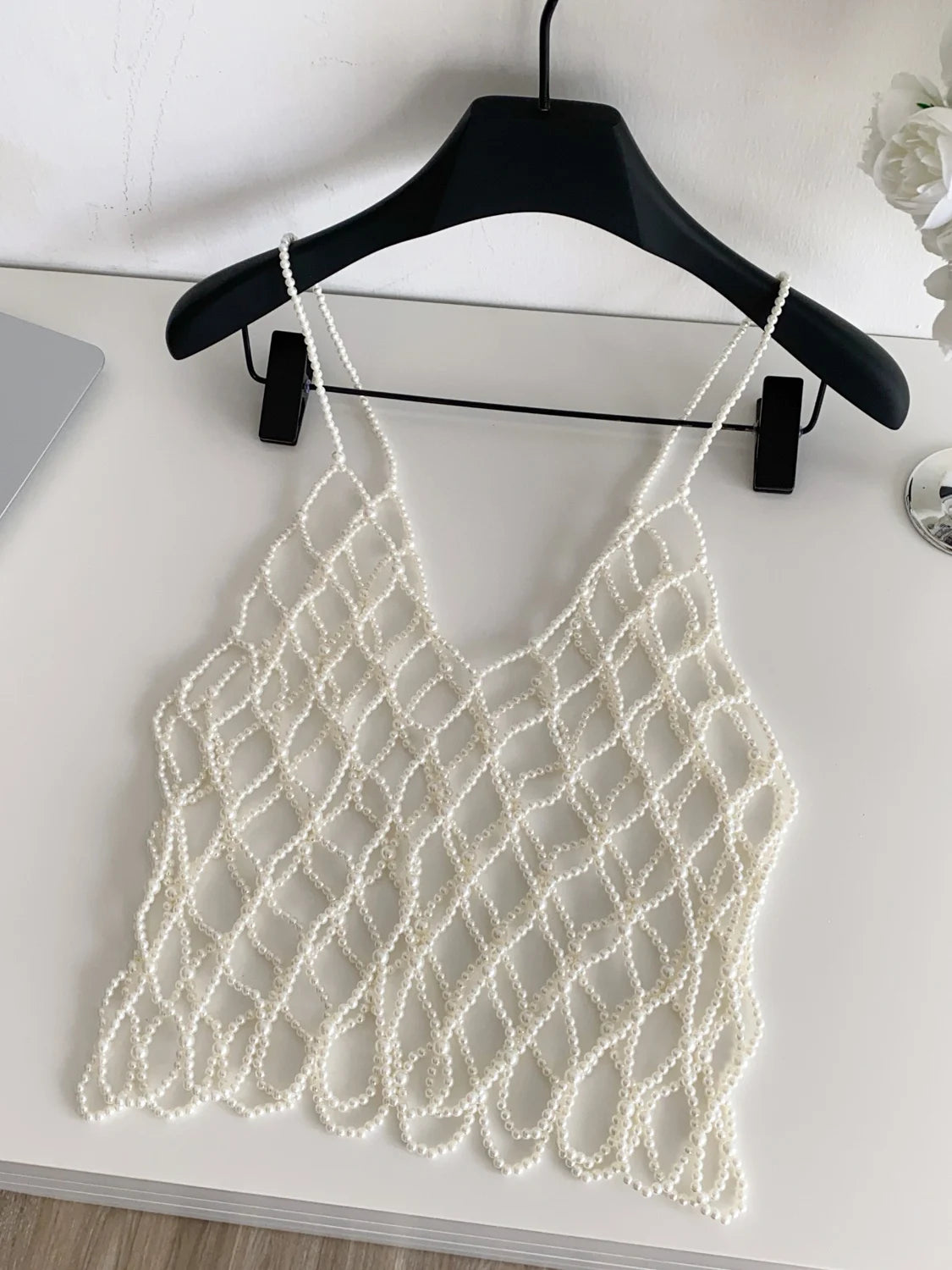 Summer Pearl Design Women's Tank Top Vest Heavy Work Strap Hollow out Outerwear Elegant Lady Style Casual Wear Polyester ...