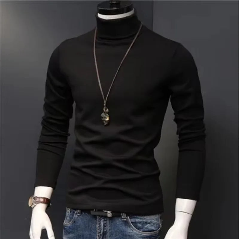 2025 Autumn New Men Mid To High Collar Warm Clothes Solid Color Outdoor Leisure  Male Running Slimming Long Sleeve Bottom Shirt
