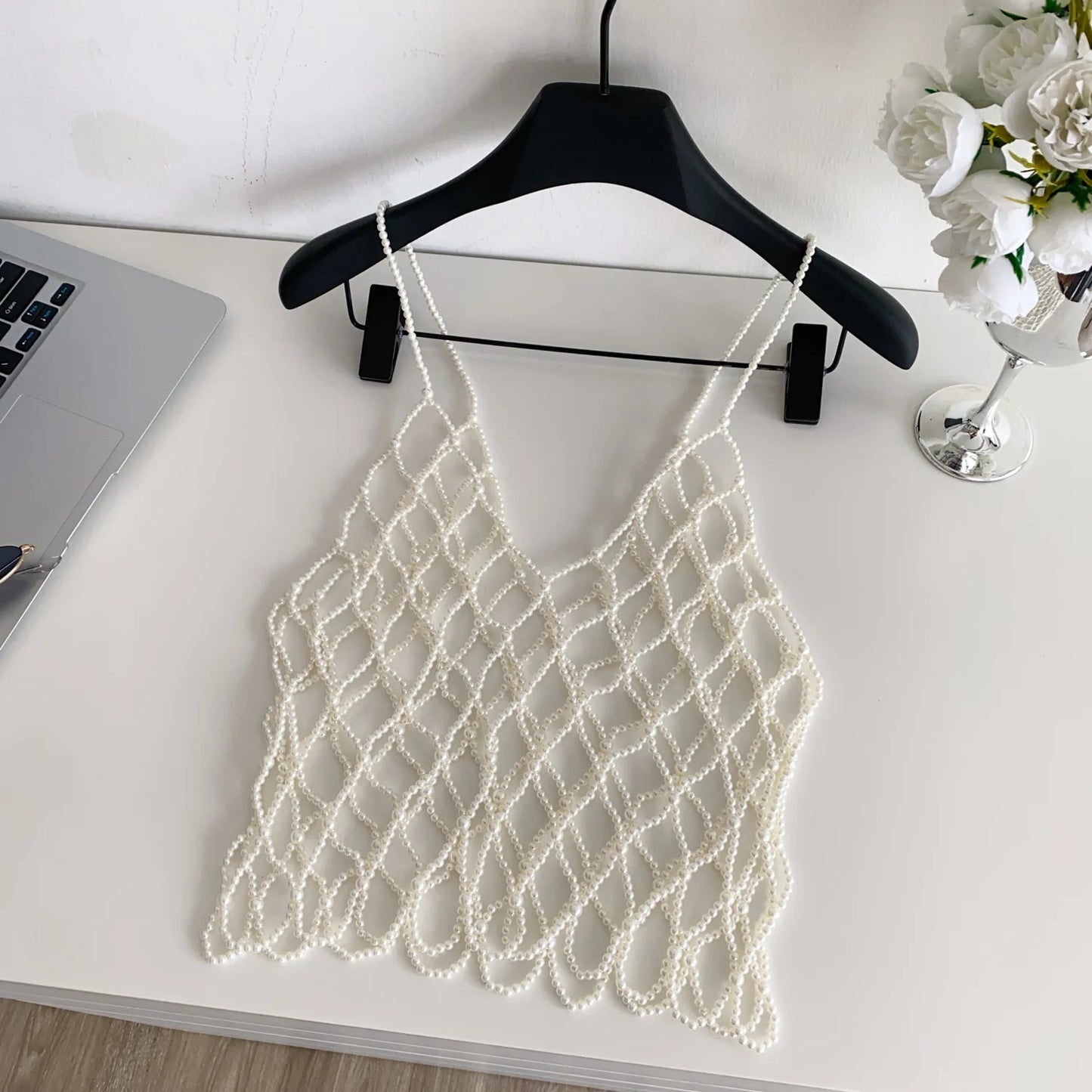 Summer Pearl Design Women's Tank Top Vest Heavy Work Strap Hollow out Outerwear Elegant Lady Style Casual Wear Polyester ...
