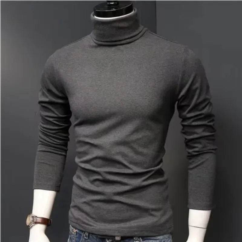 2025 Autumn New Men Mid To High Collar Warm Clothes Solid Color Outdoor Leisure  Male Running Slimming Long Sleeve Bottom Shirt