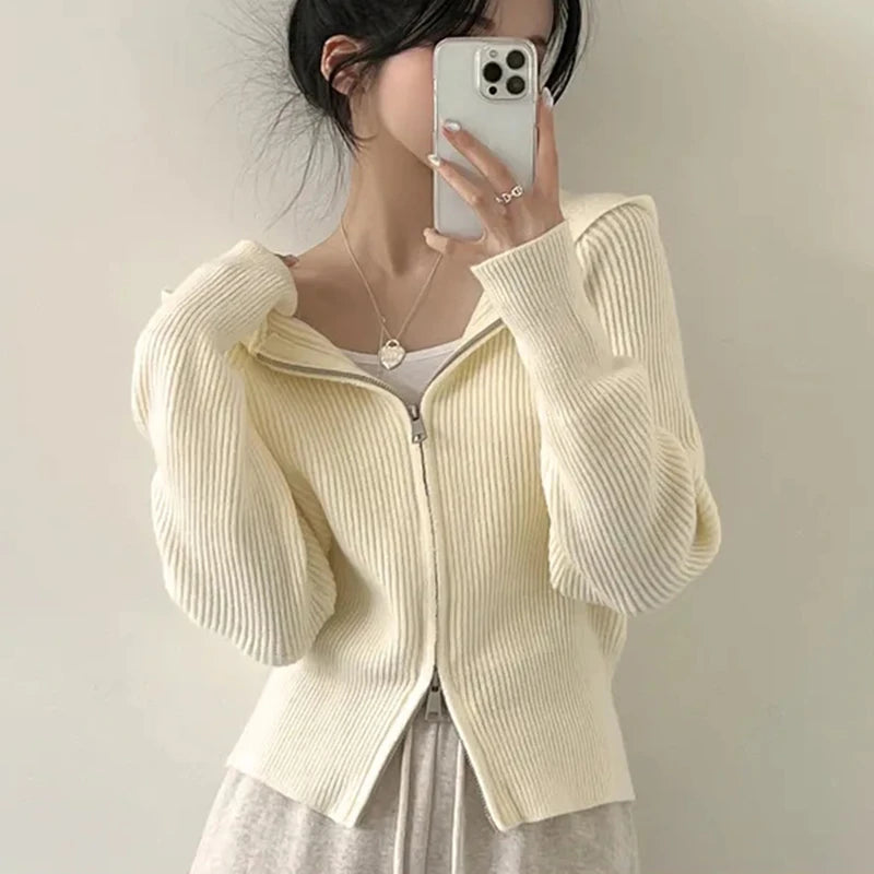 Hooded Knit Cardigan for Women Long Sleeve Fuzzy Zip Up Knit Crop Sweater Jacket Fall Winter Teen-girl Y2K Acubi Outfit