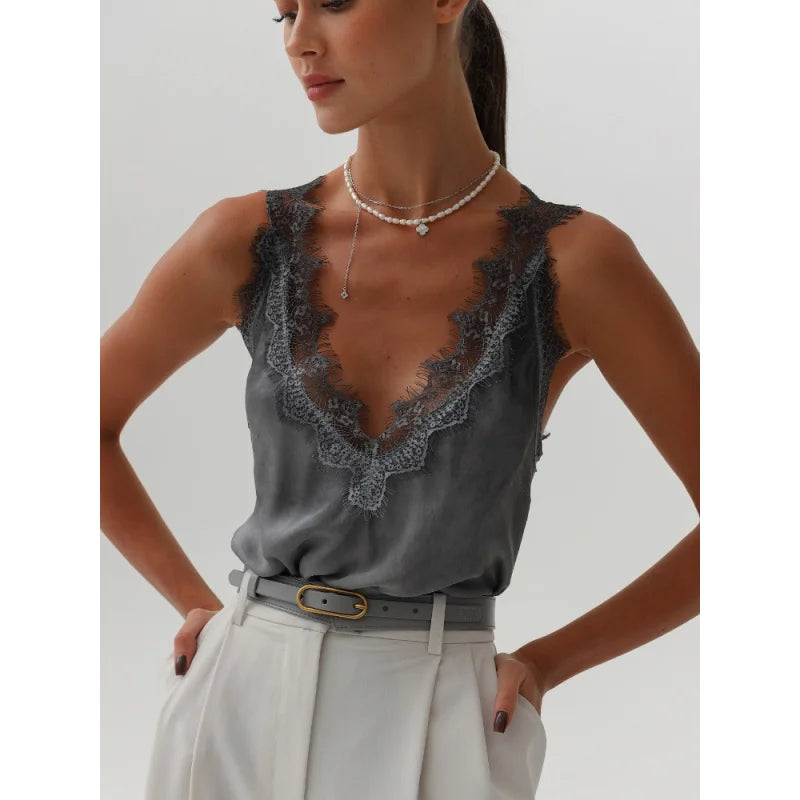 Summer Lace T-Shirt White Fashion Lace Patchwork Sleeveless Casual Tank Top Elegant Streetwear Party New Women'S Camis