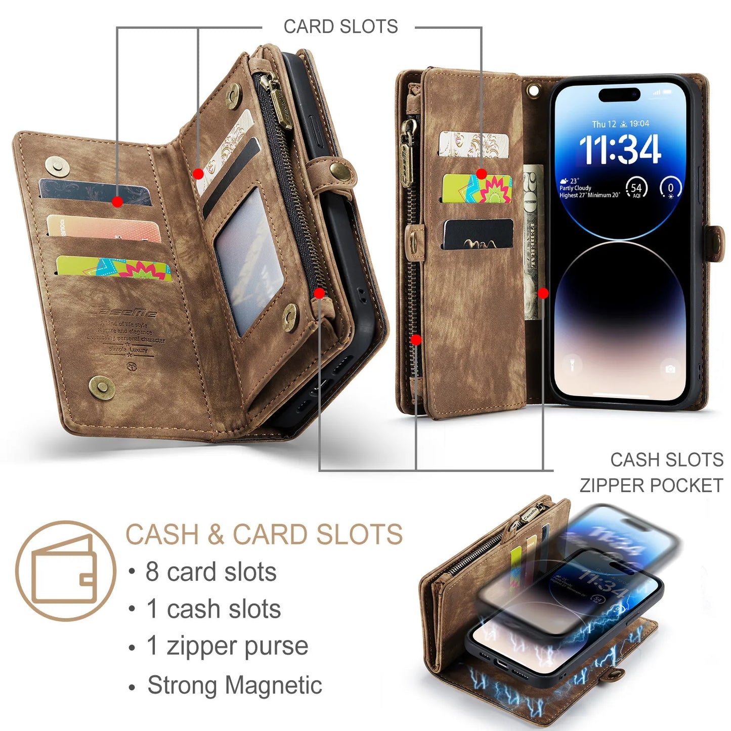 for iPhone 14 Pro Max Wallet Case with Strap Zipper Wallet Card Slots & Detachable Magnetic PU Leather Case Wallet for Women/Men
