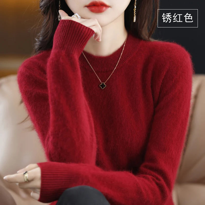 Autumn And Winter New Women's Semi-high-necked Mink Cashmere Sweater Wool Knitted Bottom Shirt
