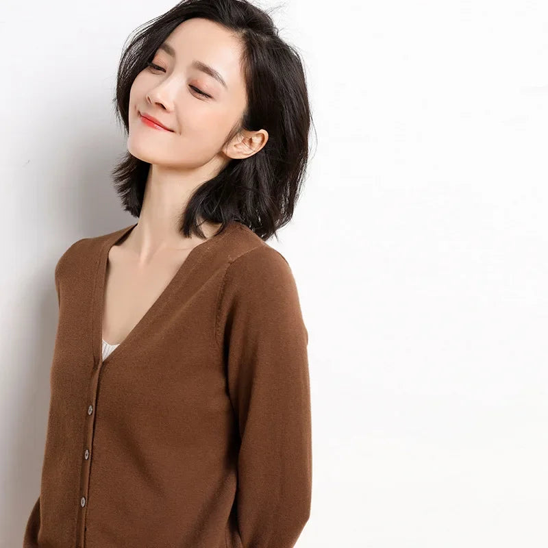2026 Women Cardigans Long Sleeve Knitted Outerwear Solid Thin Spring / Autumn Sweaters V-neck Knitwear Cardigans