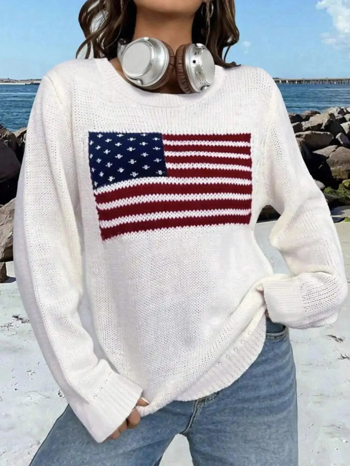 Retro National Flag Long Sleeve Crew Neck Knitted Sweater Autumn Winter Women's High-End Feeling Top Loose Fit Single Piece