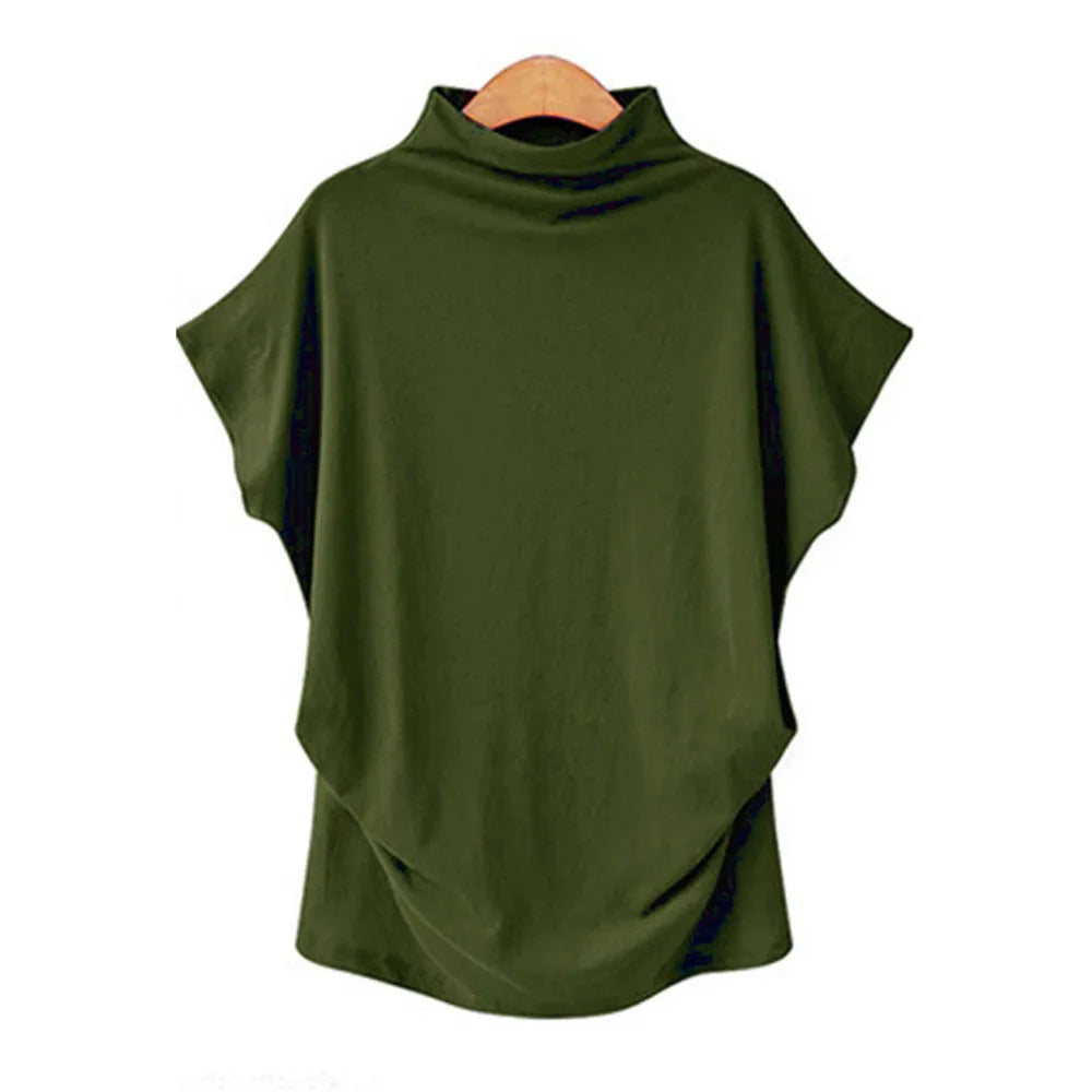 Women's Retro Solid Color T-Shirt Summer Turtleneck Short Sleeve Tees Fashion Loose Streetwear Female Pleated Top