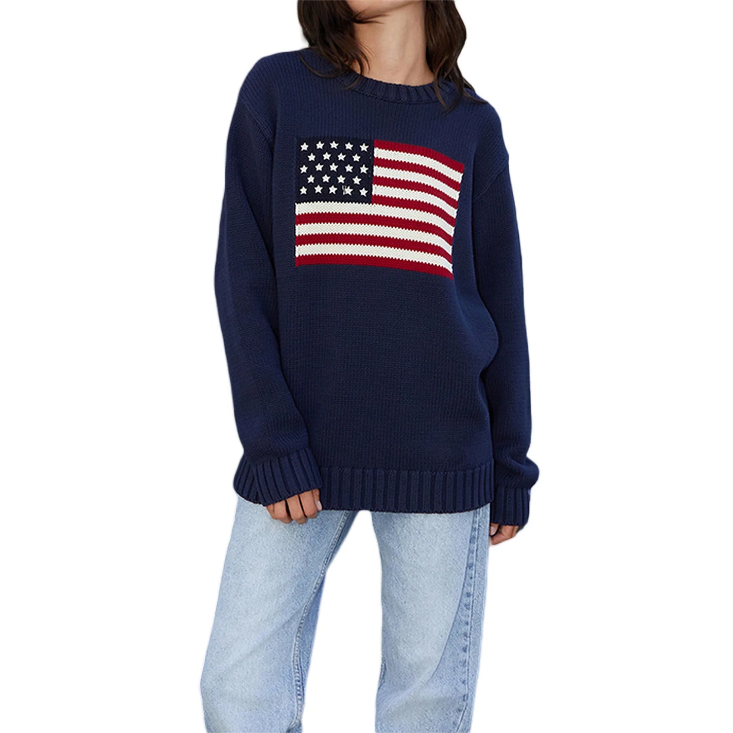 Women's Loose Fit Sweaters, Spring, Fall,  Winter Casual Stars Stripe Flag Print Round Neck Long Sleeve Pullovers Knitted Jumpers