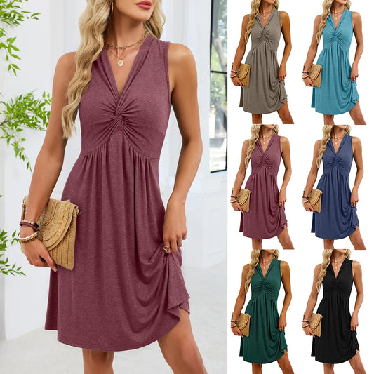 Women's Summer Sleeveless Twist Front Dress Casual V Neck Ruched High Waist Tank Mini Dress with Pockets