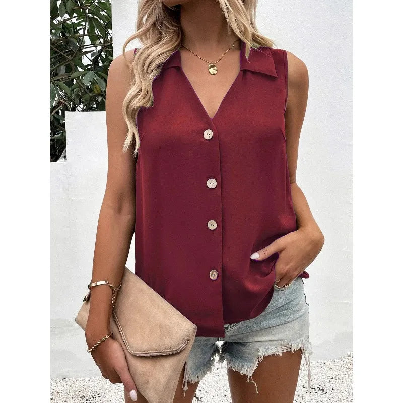 Women's V-Neck Button Chiffon Blouse Summer Lightweight Loose Casual Sleeveless Top Office Lady Solid Color Basic Vest
