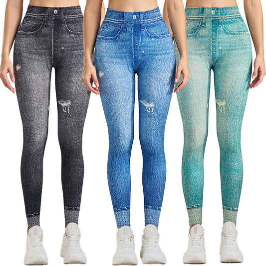 3PCS Women Imitating Denim  High-Waist Legging Flat Fashionable Tight Pants Elastic Fitness And Yoga Pants Sexy Pencil Pants