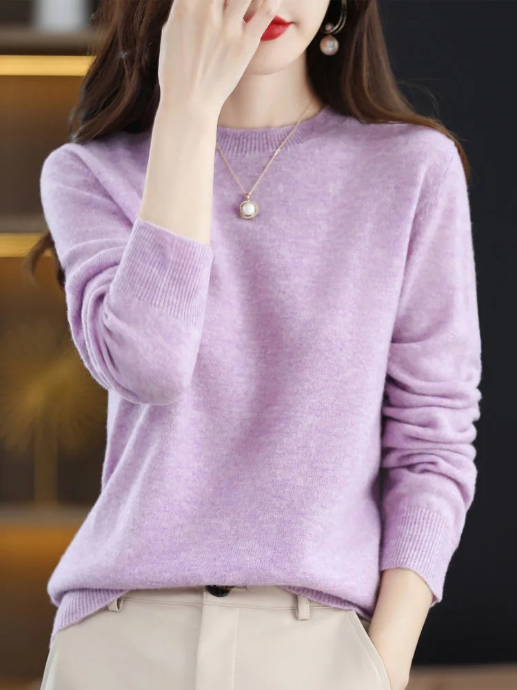 Fashion 100% Merino Wool Sweater Elegant Cashmere Pullover Women O-Neck Long Sleeve Knitwear Basic Clothing  Jumper Tops