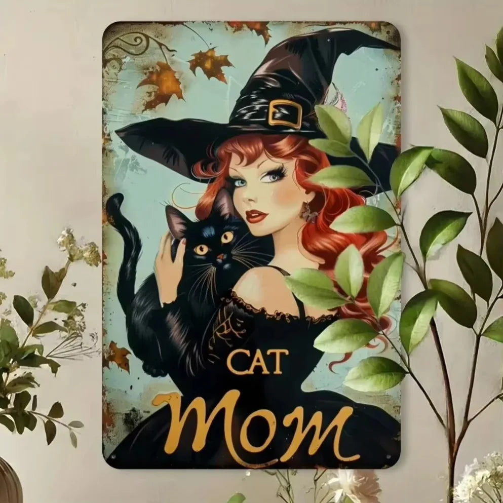 "Witch Cat Mom Playful 2D Tin Poster – Flat Plate Decorative Sign for Outdoor Whimsy"