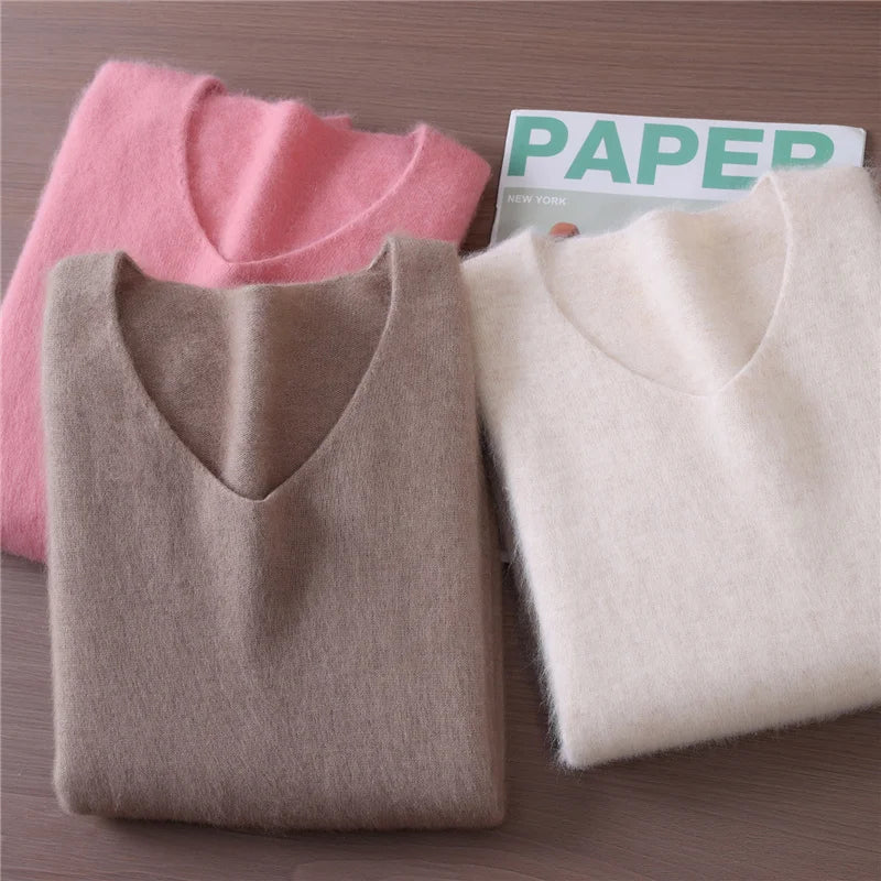 Fall/Winter Fashion Mink Cashmere Women's V-neck Pullover Bottom Shirt Slim Knitted Sweater Short Plus Size