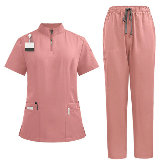 Women's nurse uniform quick-drying fabric solid color stand collar pocket short-sleeved trousers suit nursing short-sleeved