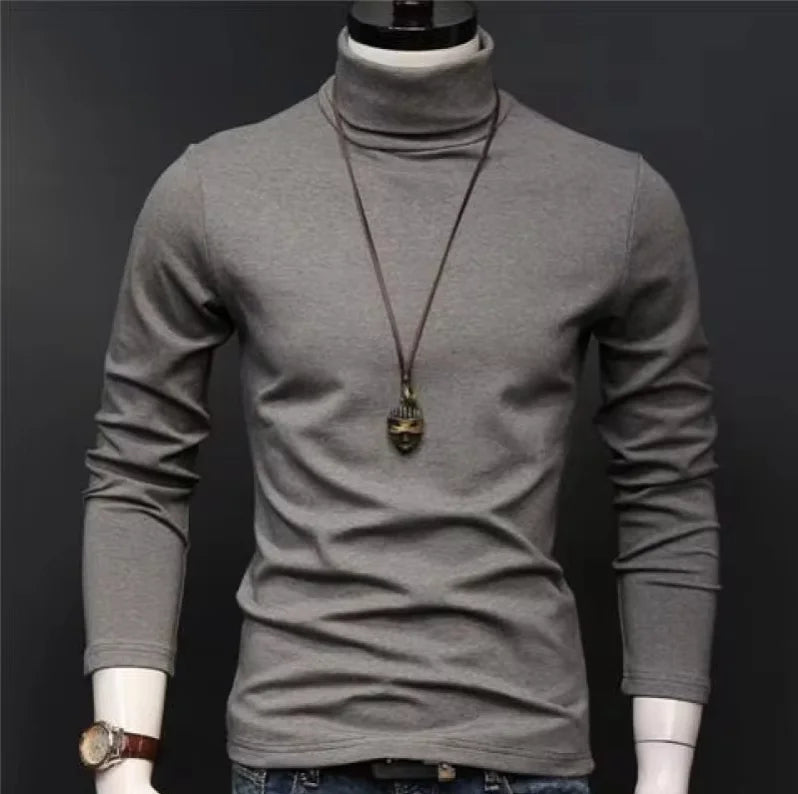 2025 Autumn New Men Mid To High Collar Warm Clothes Solid Color Outdoor Leisure  Male Running Slimming Long Sleeve Bottom Shirt