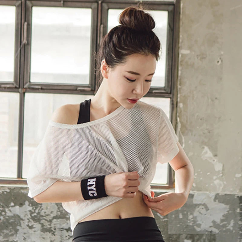Women's Mesh Yoga Shirt Sexy Short Sleeve T-Shirt Sport Top Blouse Cover Up Quick Dry Gym Clothes Running Fitness Tank Sportwear
