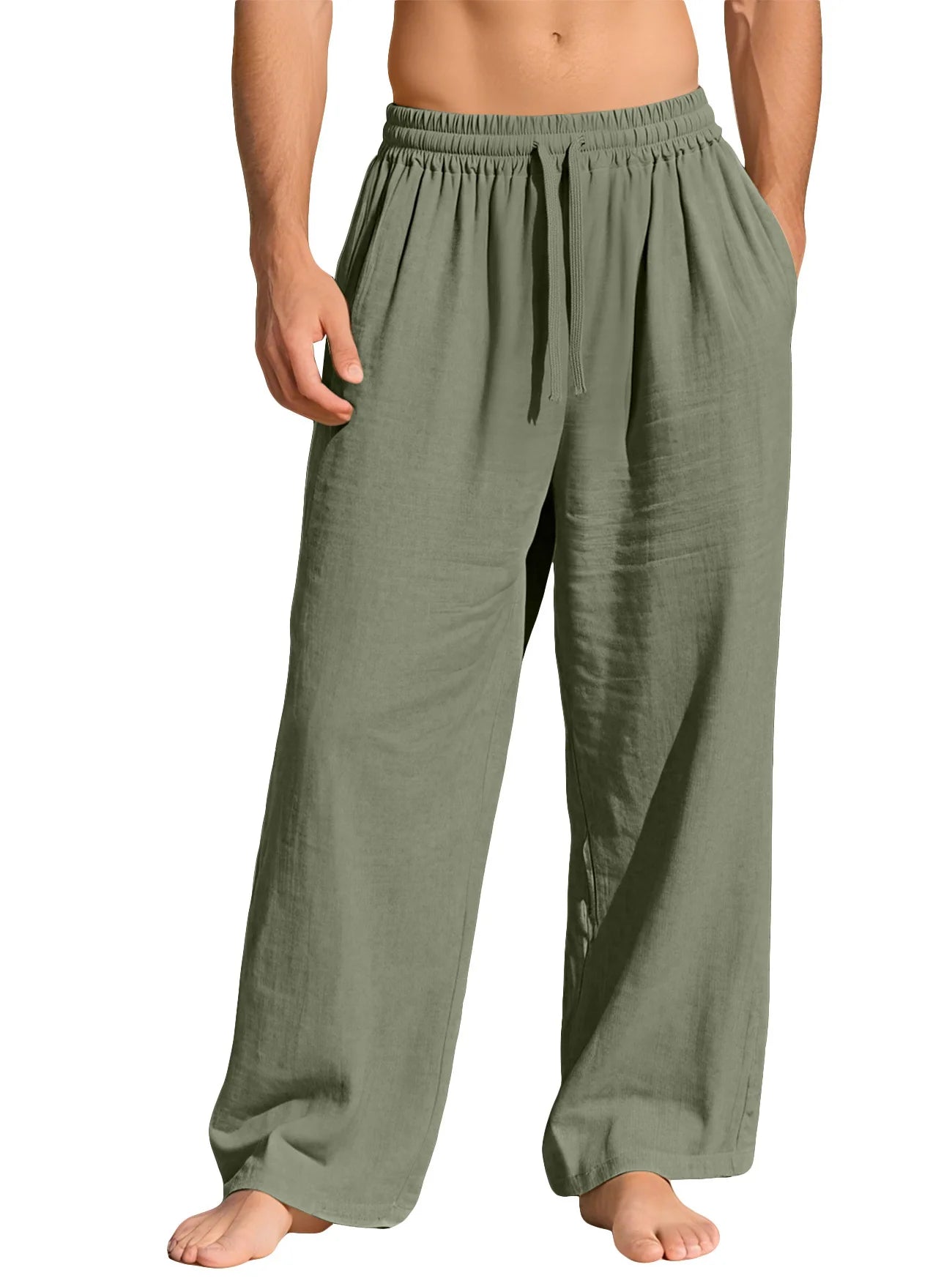Men's Beige Linen Pants Casual Pants Summer Loose Fit Elastic Waist Straight Leg Pants Lightweight Casual Home Lounge Wear