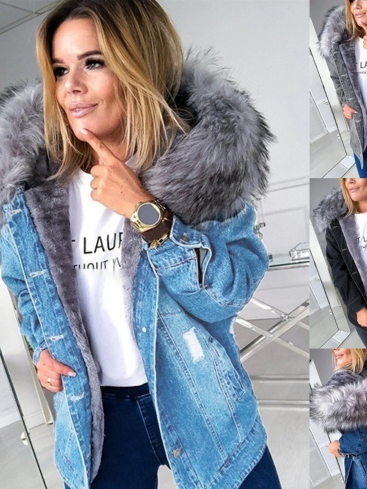 Warm Denim Jaet for Women Long Sve Hooded Street Sle Loose Fit Button Closure Pure Color Autumn Collection Coat