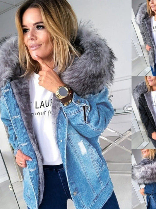 Warm Denim Jaet for Women Long Sve Hooded Street Sle Loose Fit Button Closure Pure Color Autumn Collection Coat