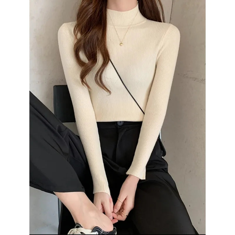Early Spring, Autumn Winter Mock Neck Women Sweater Vintage Basic Solid Knitted Tops Casual Slim Pullover Korean Sweaters Simple Chic Jumpers