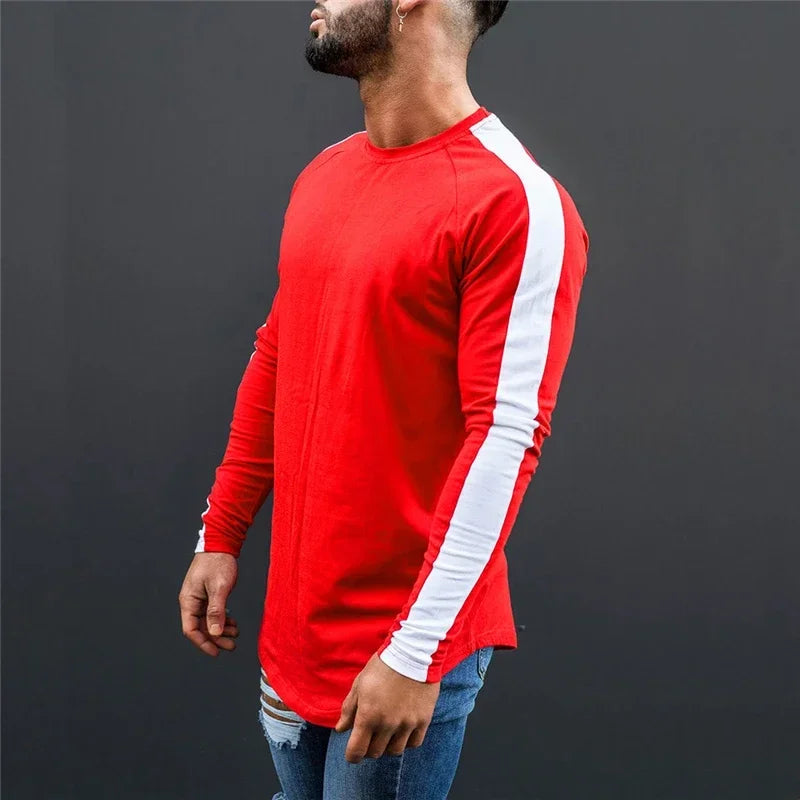 Plain Bodybuilding Sport Shirts Breathale Cotton Long Sleeve Tops Gym Fitness T-Shirts Slim Fit Contrast Color Hip Hop Clothing
