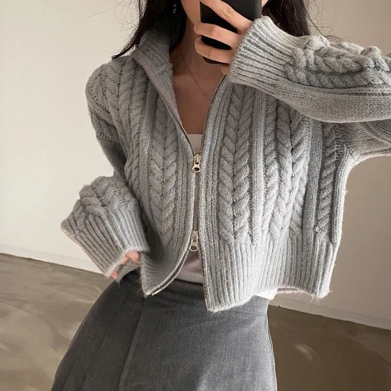 Loose Knitted Open Cardigan Sweater Spring Autumn Retro Collar Twist Version Top zipper Women's Faion