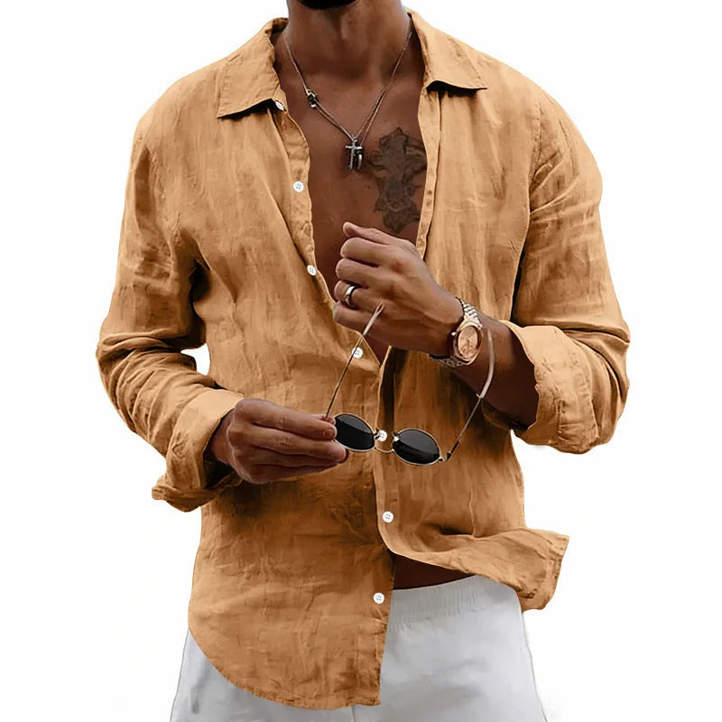 Men’s Long Sleeve Linen Shirt Button Down Casual Beach Vacation Top 2026