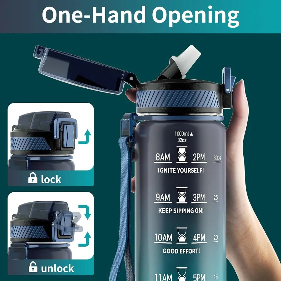 32oz Motivational Water Bottle with Straw and Time Marker for Daily Hydration BPAFree Tritan 1L Sports Water Bottle with Carry