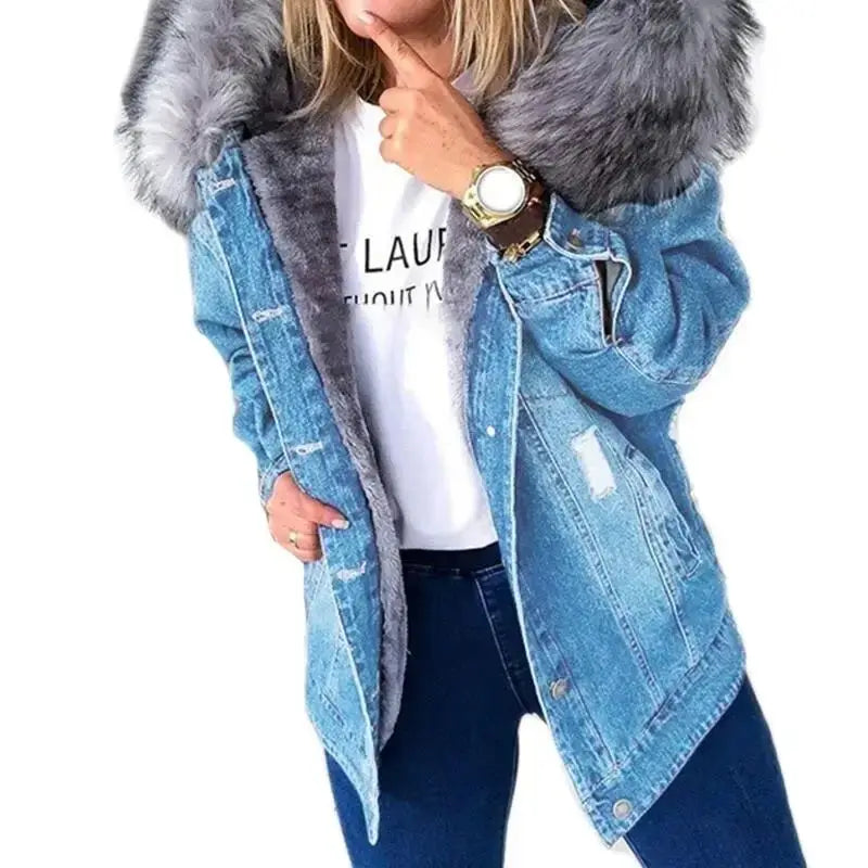 Warm Denim Jaet for Women Long Sve Hooded Street Sle Loose Fit Button Closure Pure Color Autumn Collection Coat