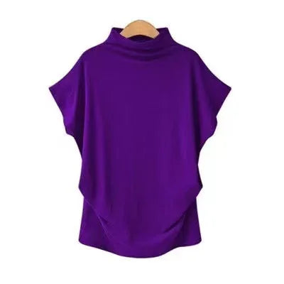 Women's Retro Solid Color T-Shirt Summer Turtleneck Short Sleeve Tees Fashion Loose Streetwear Female Pleated Top