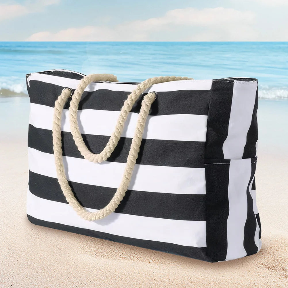 Women Beach Bag Stripe Waterproof Sandproof Shoulder Bag Large Capacity Canvas Tote Bag with Zipper Travel Handbag Swim Pool Bag