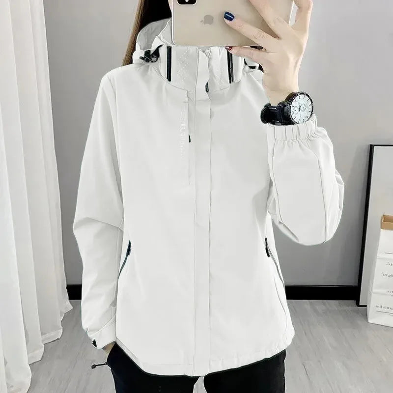Autumn Spring Women Outdoor Jacket Windbreaker Waterproof Hooded Zipper Hiking Climbing Camping Casual Outwear Unisex Style