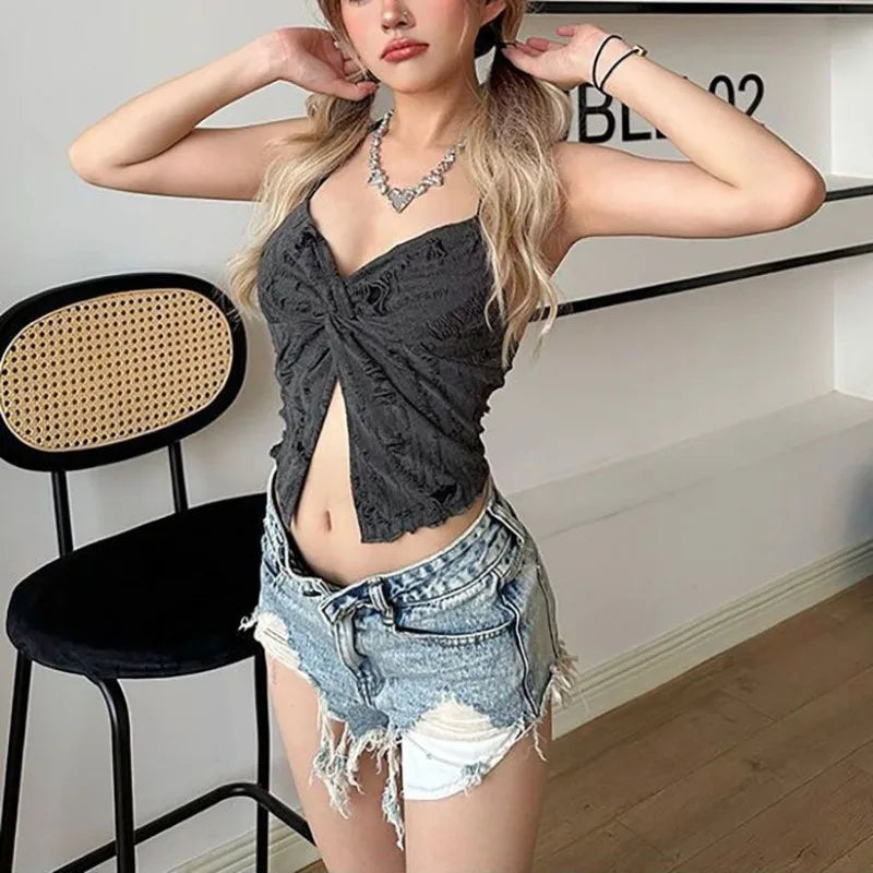 Sweet Spicy Girl Style Halter Top Backless V-neck Corset Crop Top Grey Pink Cami Women Summer Y2K Clothes New in 2026