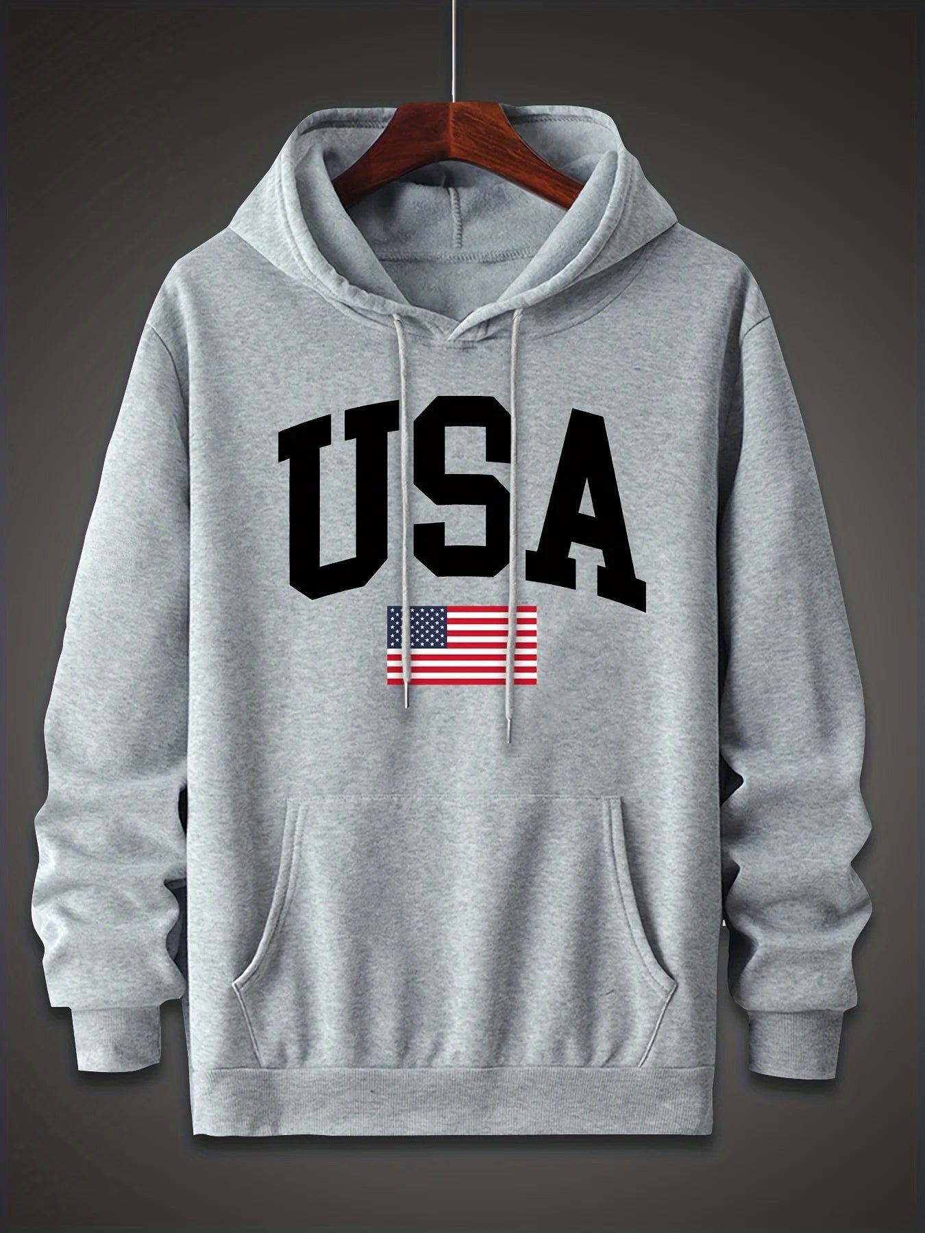 Men's autumn and winter fashionable casual loose oversized USA flag print fleece pullover hooded long sleeved sweatshirt