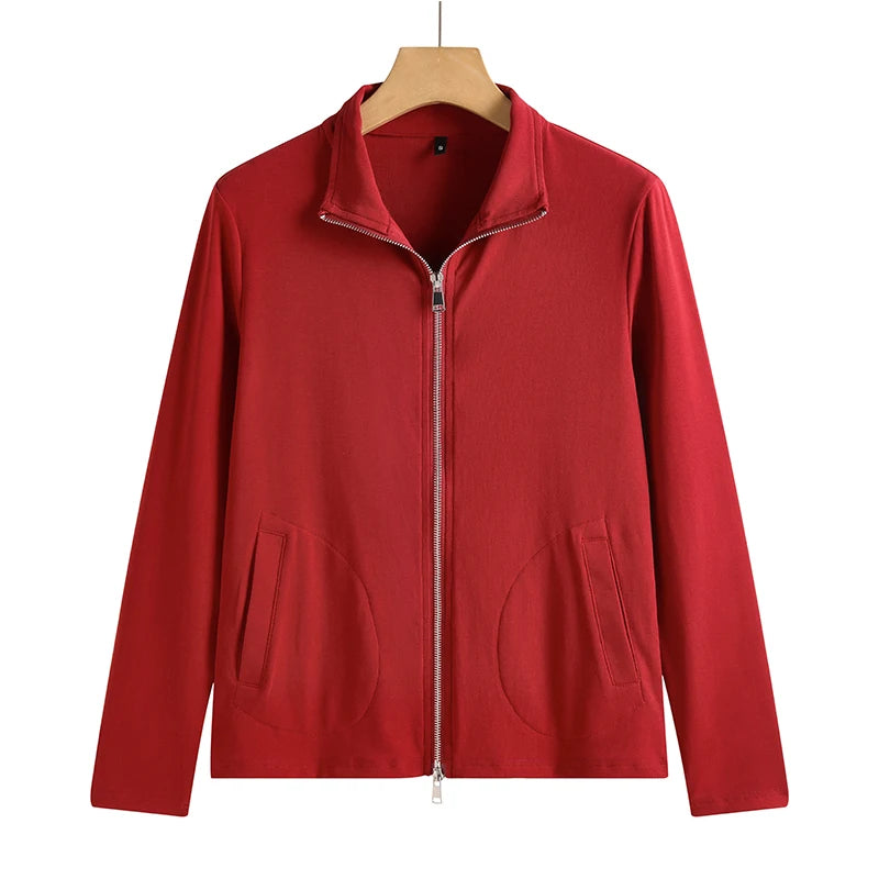 New Women's Zippered Stand Collar Jacket Slim Fit Long Sleeve Cotton Solid Color Casual Outerwear
