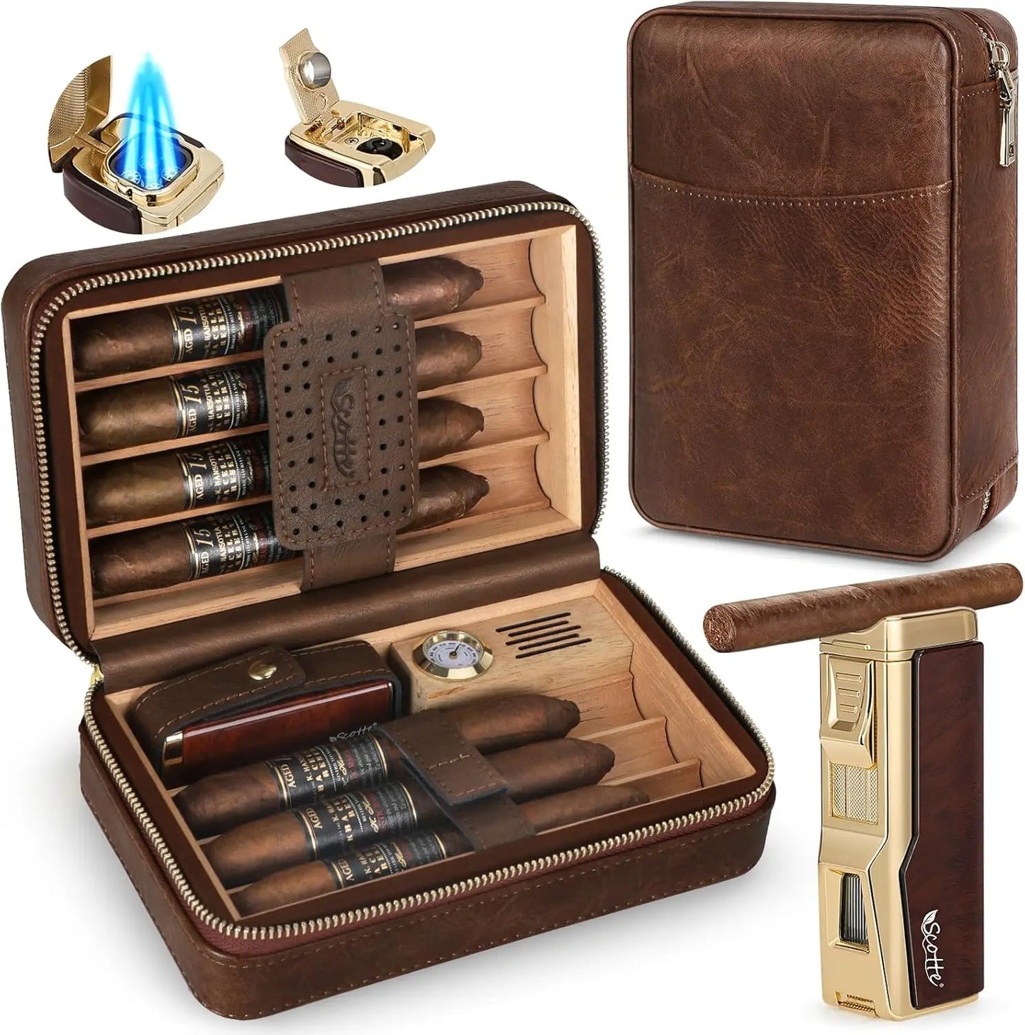 Scotte Cigar Humidor Box Cigar Lighter Cedar Wood Lined Leather Cigar Case Built in Hygrometer Humidifier with Cigar Holder Kit