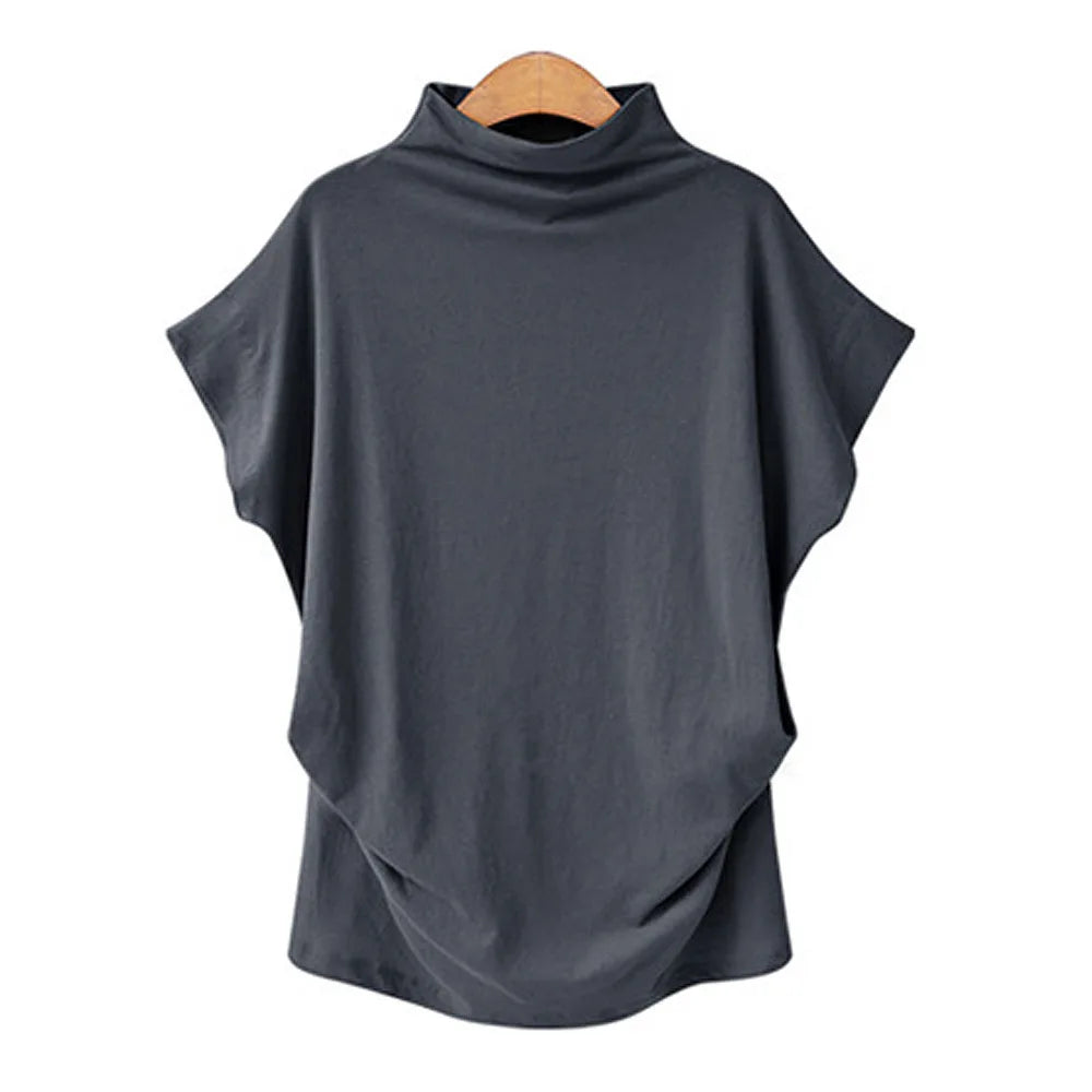 Women's Retro Solid Color T-Shirt Summer Turtleneck Short Sleeve Tees Fashion Loose Streetwear Female Pleated Top