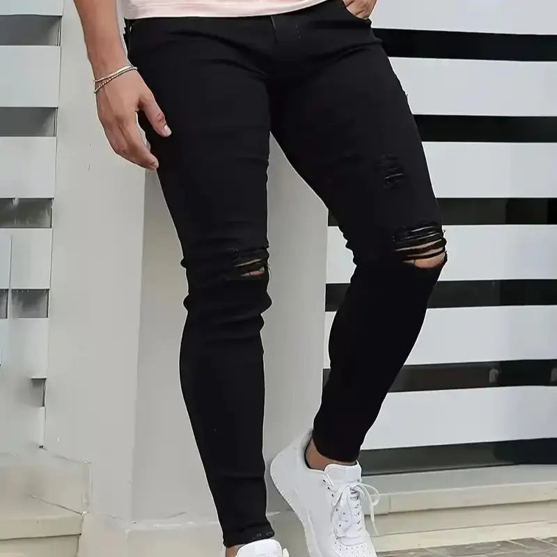 Men's Slim-Fit Ripped Jeans - Stylish Black Distressed Denim with Raw Hem, Comfortable & Versatile for All Seasons, Casual Stree