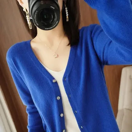 2026 Women Cardigans Long Sleeve Knitted Outerwear Solid Thin Spring / Autumn Sweaters V-neck Knitwear Cardigans
