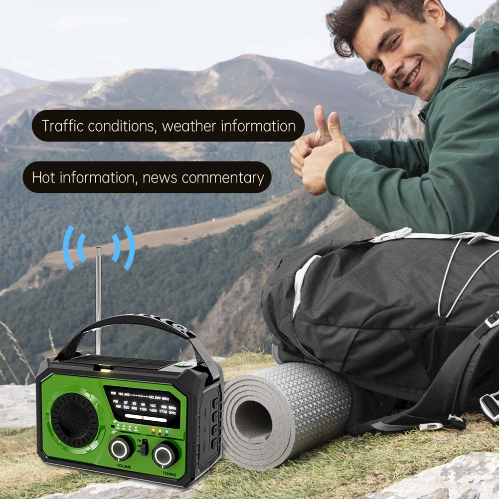 16000mAh AM/FM/WB NOAA Emergency Weather Radio Hand Crank/Solar/Type-C Charging LED Flashlight Reading Lamp Power Bank