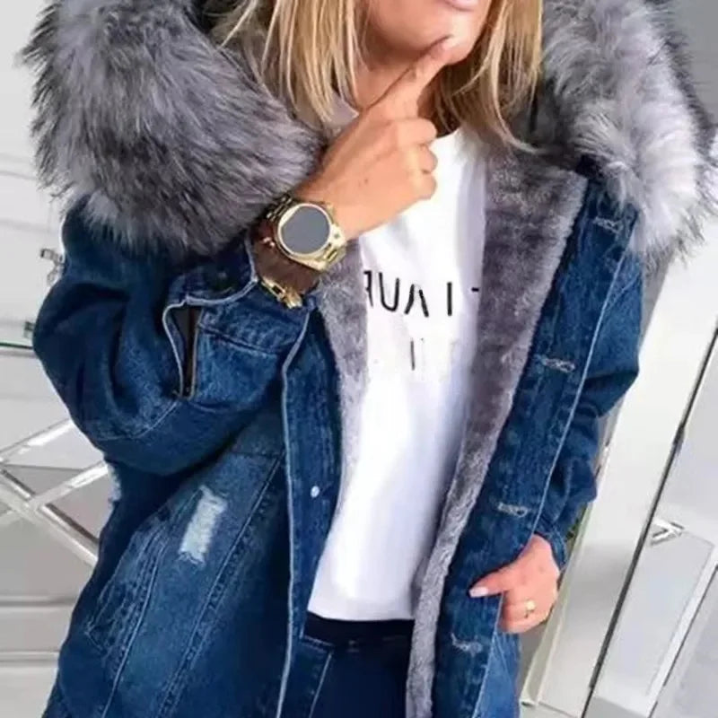 Women's Denim Jacket Hole Design Thickened Autumn Winter New Style Cotton Casual Fashion Outerwear Upper Apparel
