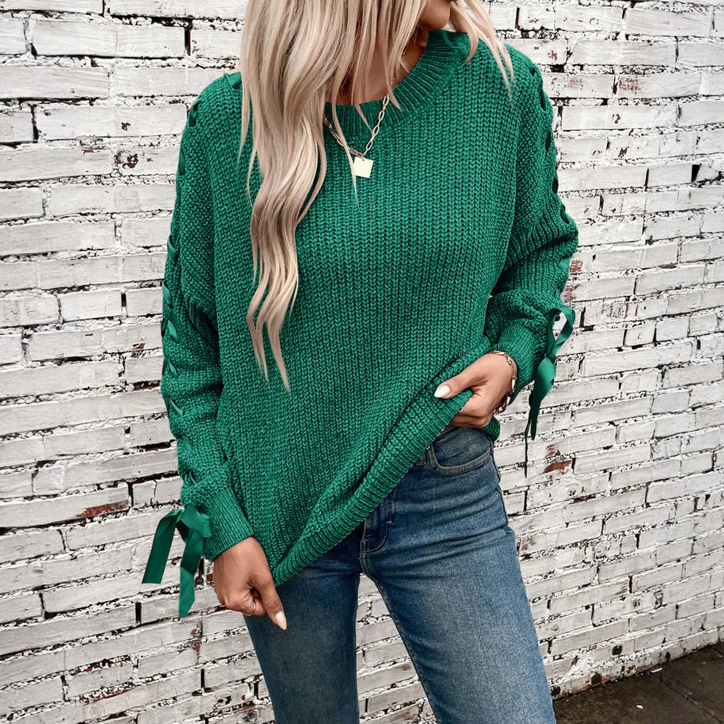Women'S Fashion Casual Round Neck Long Sleeve Solid Color Lace-Up Bowknot Pullover Loose Women'S Sweater Winter Clothes Woman
