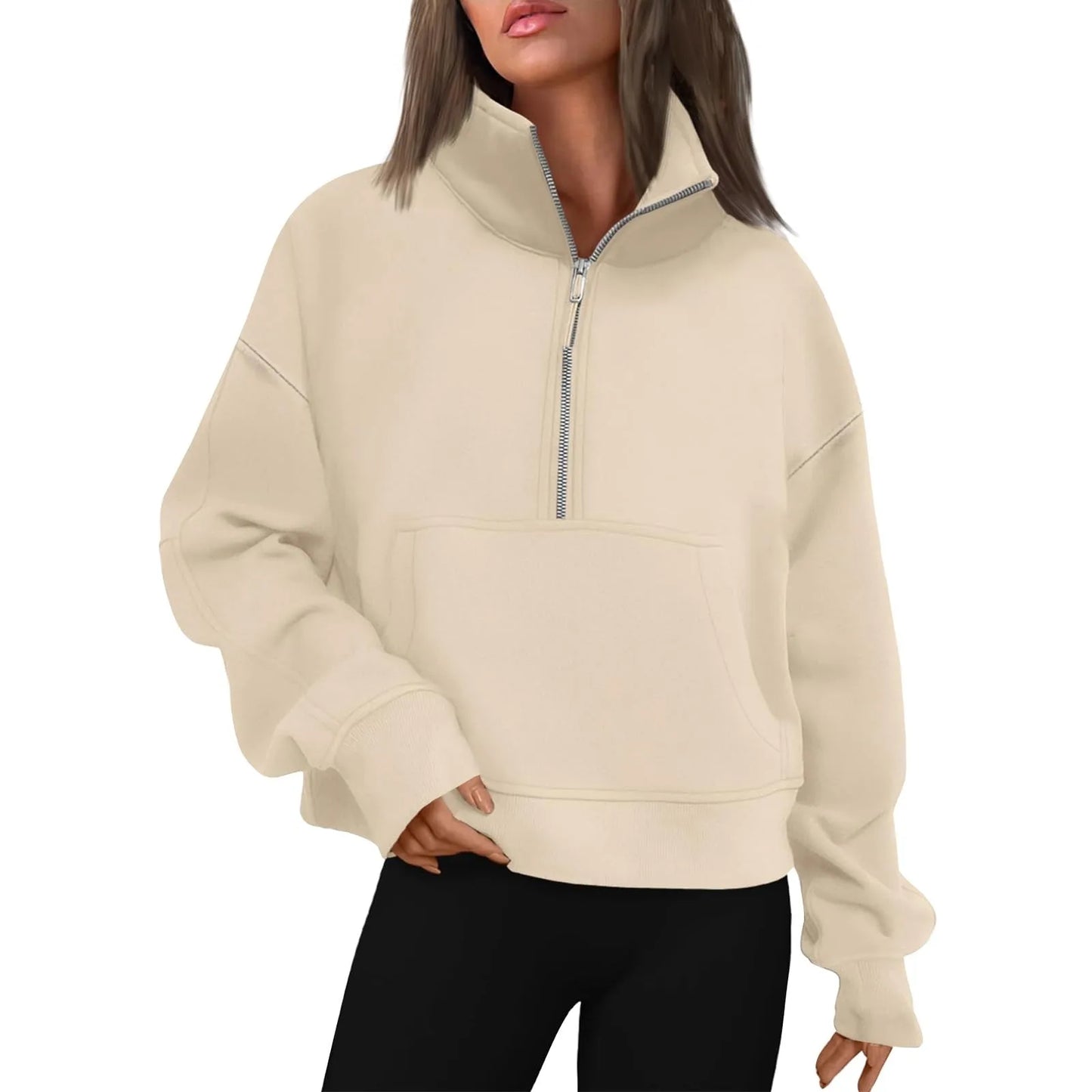 New Women's Hoodies Autumn Winter Stand Collar Plus Fleece Solid Color Sweatshirts Long Sleeve Pocket Loose Half Zip Pullover