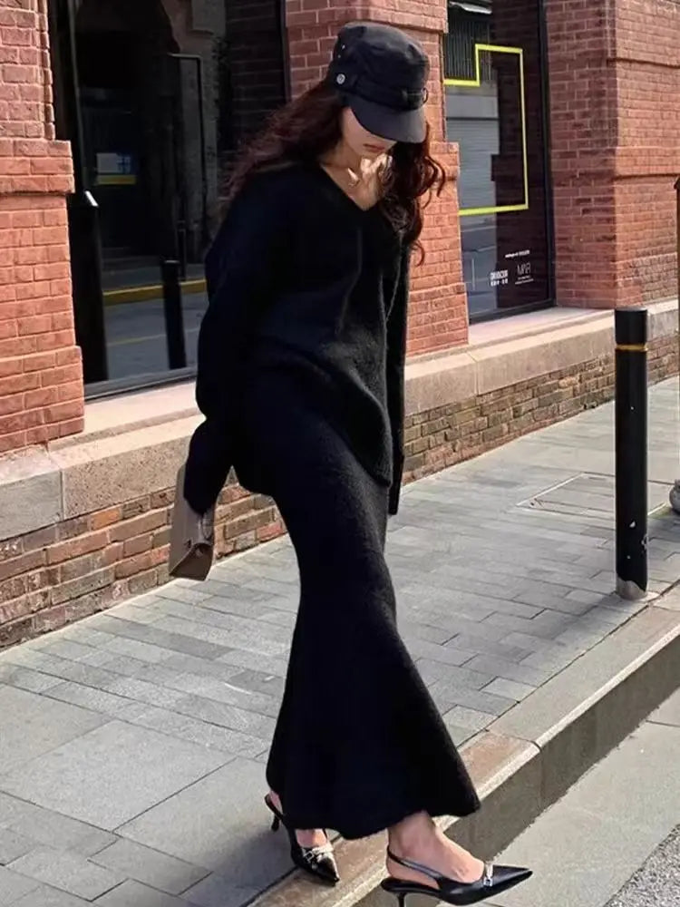 Elegant Solid  Skirt Sets Women Autumn Knit V Neck Cardigan Sweater 2 Piece Female Loose Long Skirts Fashion Party Suits