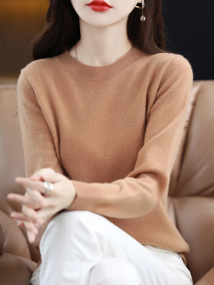Fashion 100% Merino Wool Sweater Elegant Cashmere Pullover Women O-Neck Long Sleeve Knitwear Basic Clothing  Jumper Tops