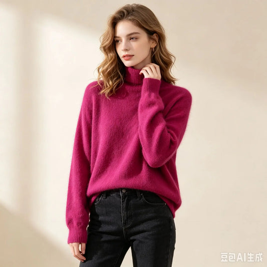 High End Mink Fur Sweater, Women's Solid Color High Collar Pullover, Cashmere Warm Sweater, Knitted Base Sweater, Autumn Winter