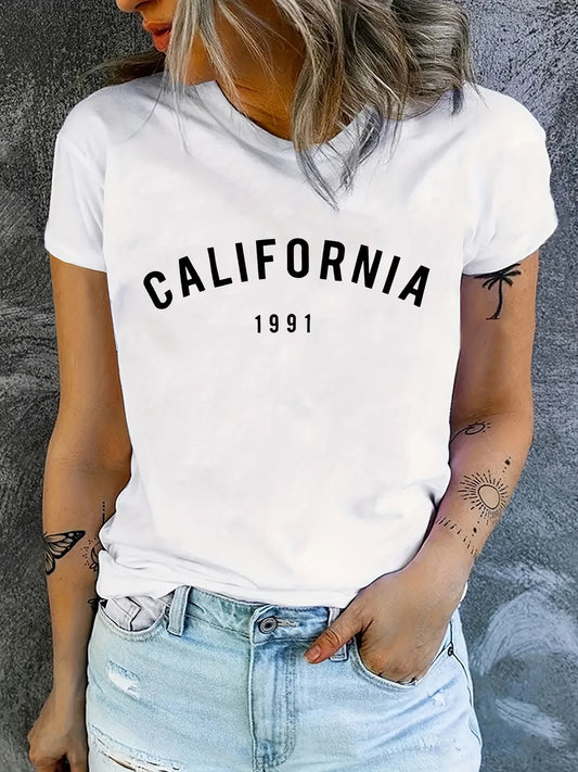 1991 California Retro Print Graphic Tee - Soft Crew Neck Short Sleeve T-Shirt for Women
