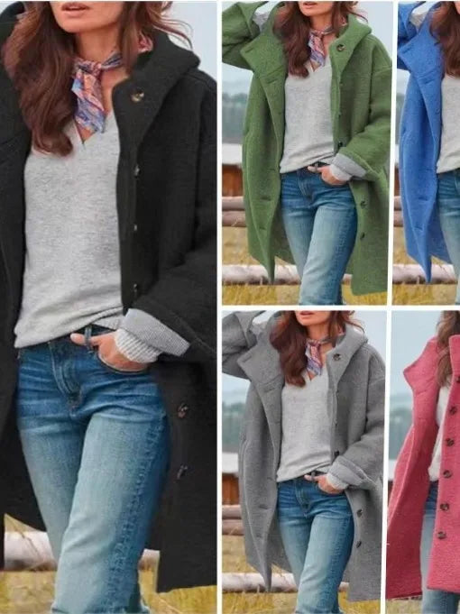 Women's Winter Hooded Long Sve Loose Fit  Color Coat Jaet Silk Knitted Thiened Outerwear for Autumn Season