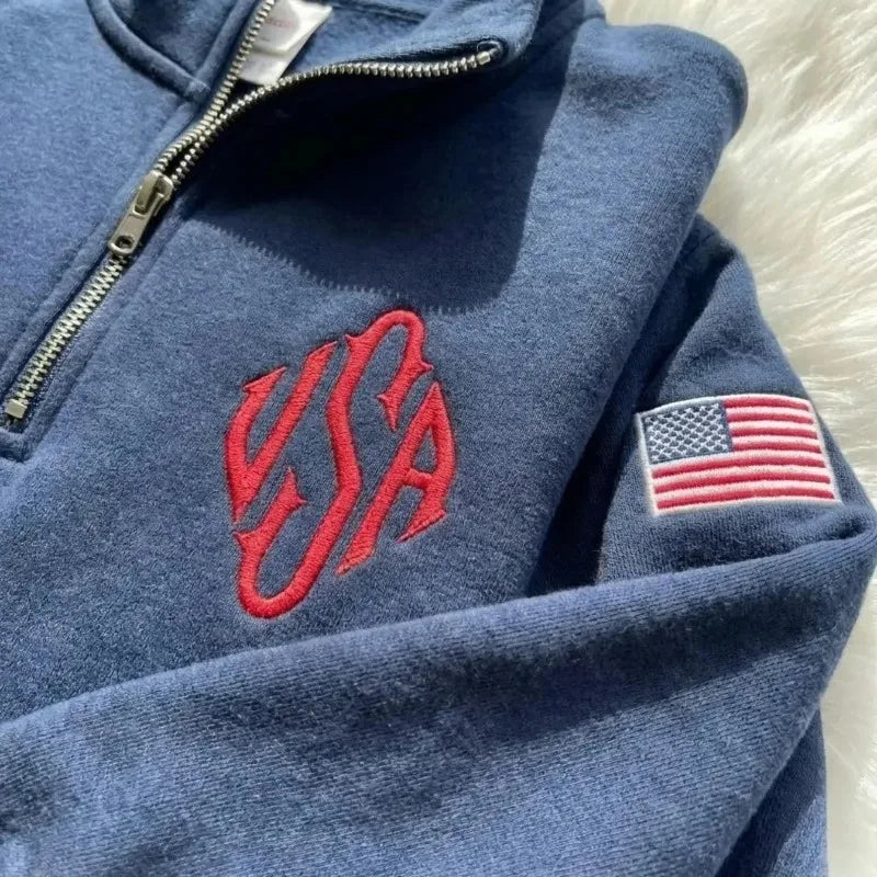 Y2K Navy Blue Quarter Zip Sweatshirt USA Embroidered American Flag Patch Jacket Men Women Vintage Streetwear Fashion Trend top
